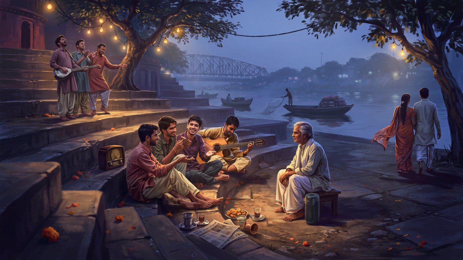Friends singing by the ghats